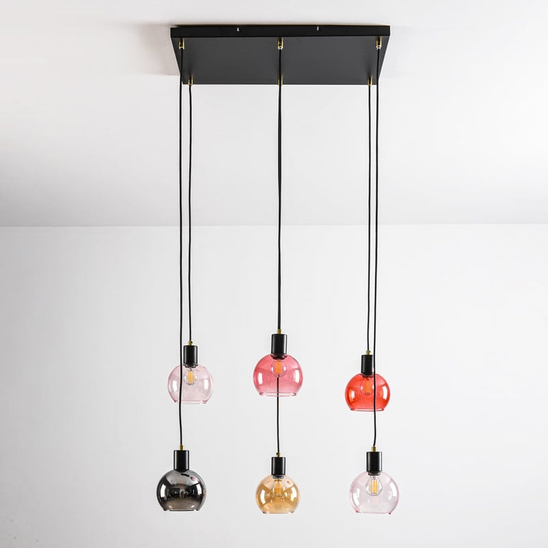 Lampa Wisząca 6-Punktowa Czarna | Lampa Sufitowa ze Szkłem Kolorowym