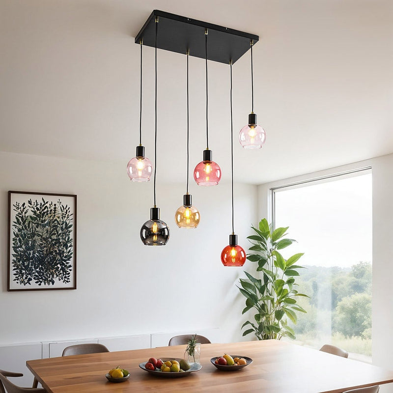 Lampa Wisząca 6-Punktowa Czarna | Lampa Sufitowa ze Szkłem Kolorowym