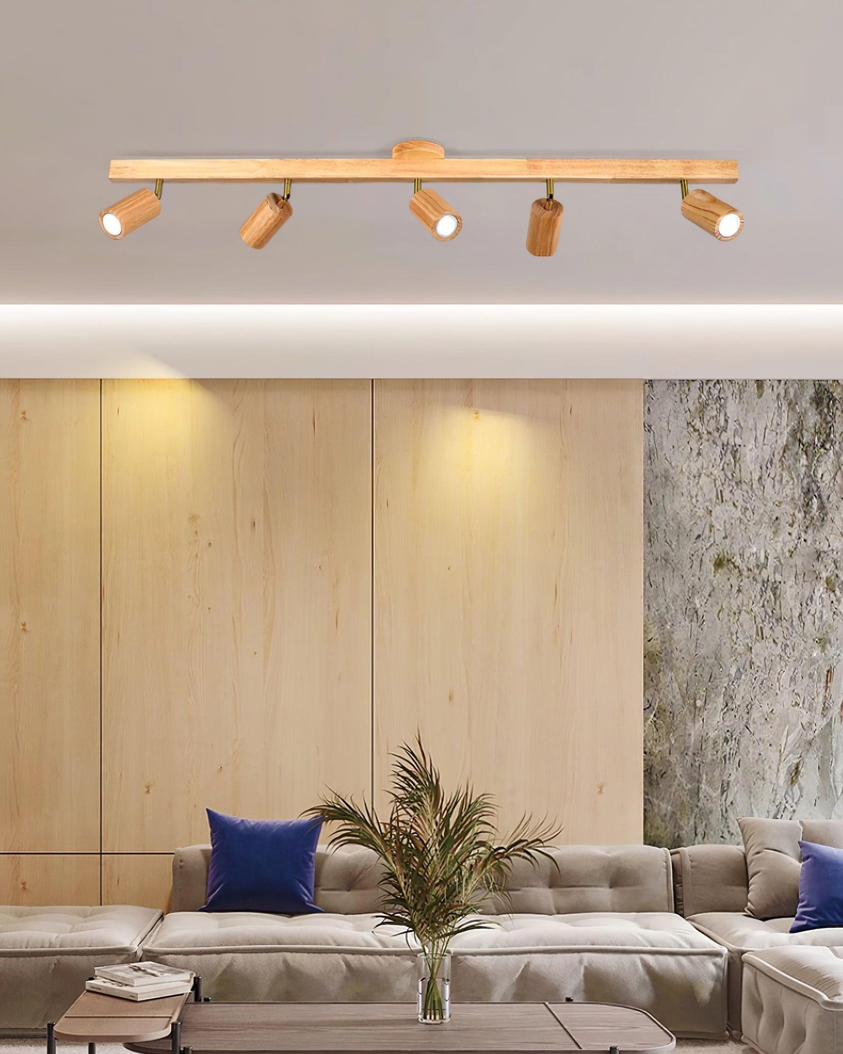 Drewniana Lampa Sufitowa na Szynie | Nowoczesny Reflektor LED do Salonu i Korytarza