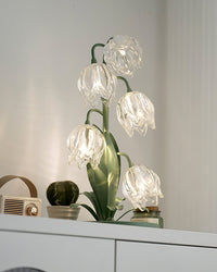 Szklana Lampa Stołowa w Kwiatowym Stylu | Dekoracyjna Lampka do Sypialni i Salonu