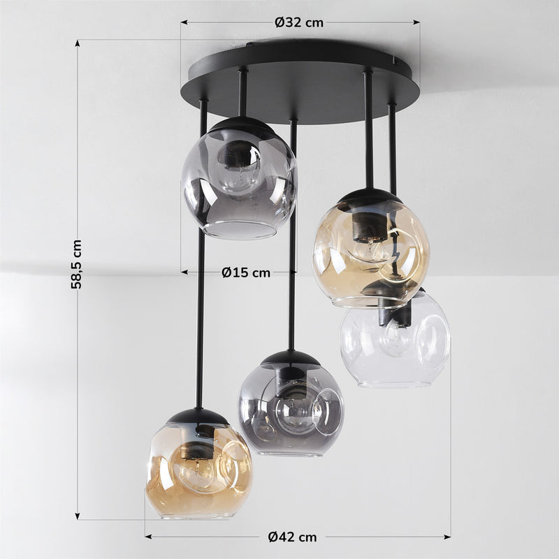 Lampa Sufitowa z 5 Kloszami Szklanymi | Designerski Plafon do Salonu