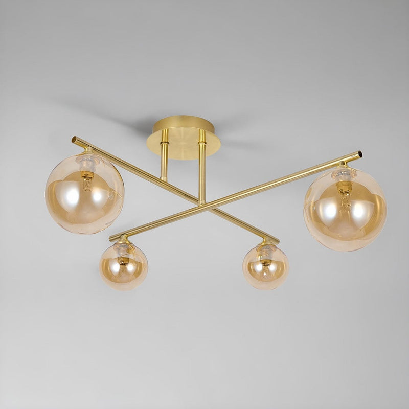 Lampa Sufitowa 4-Punktowa Złota | Nowoczesna Lampa z Kloszami Bursztynowymi