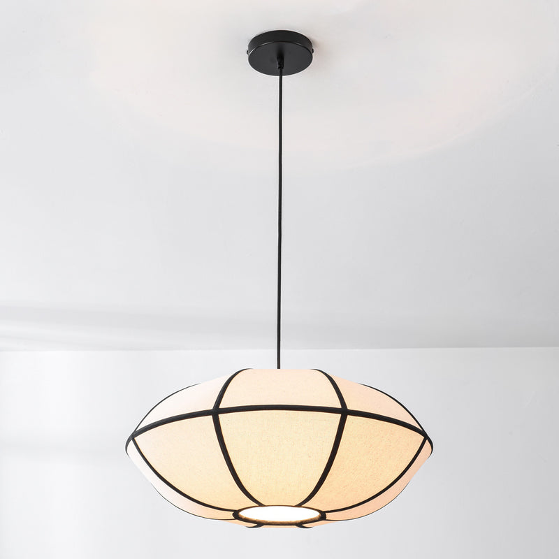 Lampa Wisząca Lniana Minimalistyczna | Biała Lampa Sufitowa z Czarnymi Akcentami