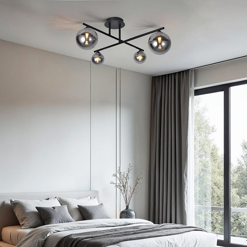 Lampa Sufitowa 4-Punktowa Czarna | Lampa z Kloszami z Dymionego Szkła