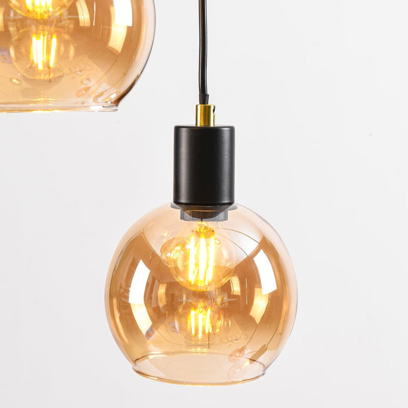 Lampa Wisząca 7-Punktowa Czarna | Lampa Sufitowa ze Szkłem Dymionym i Bursztynowym