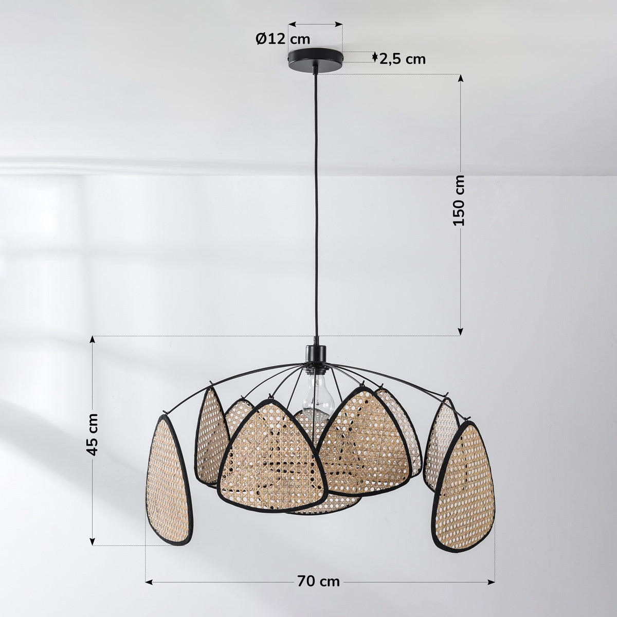Lampa Wisząca Boho Czarna | Rattanowa Lampa Sufitowa do Salonu i Jadalni